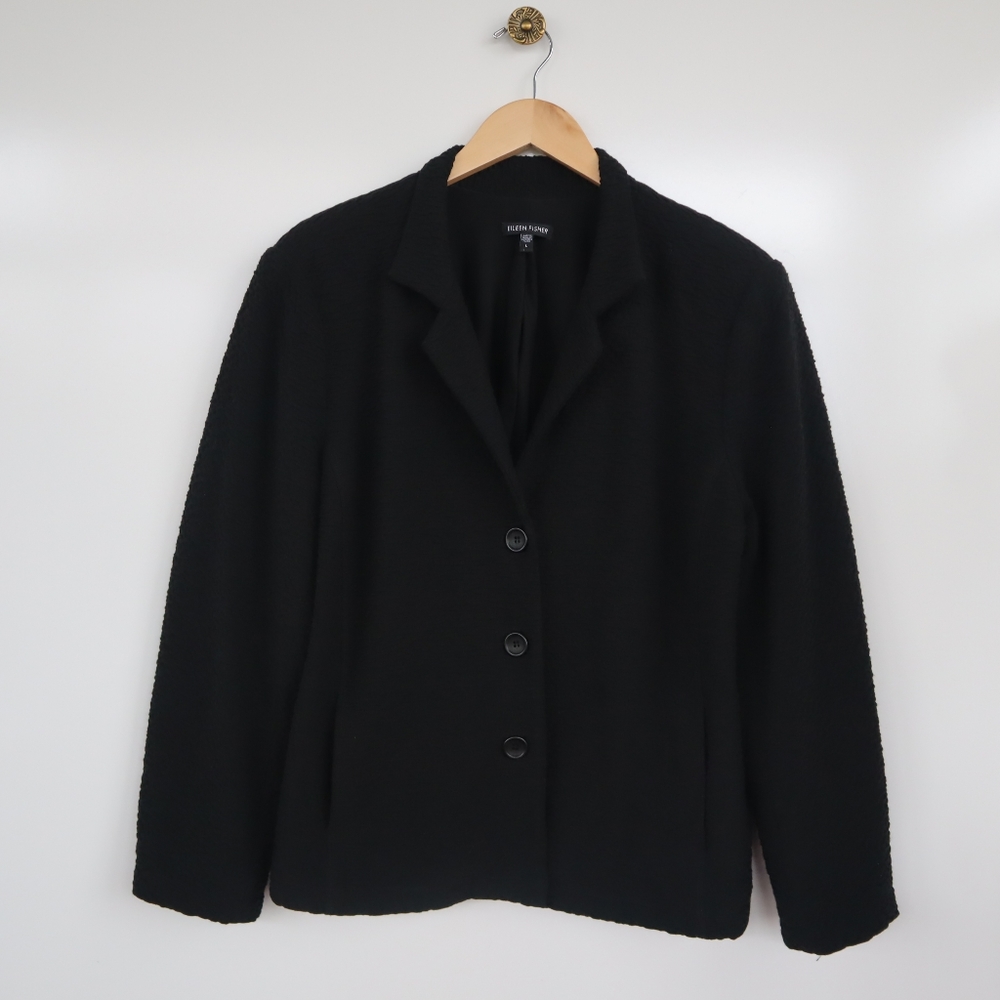 EILEEN FISHER Textured Black 3 Button Blazer - Picture 3 of 6